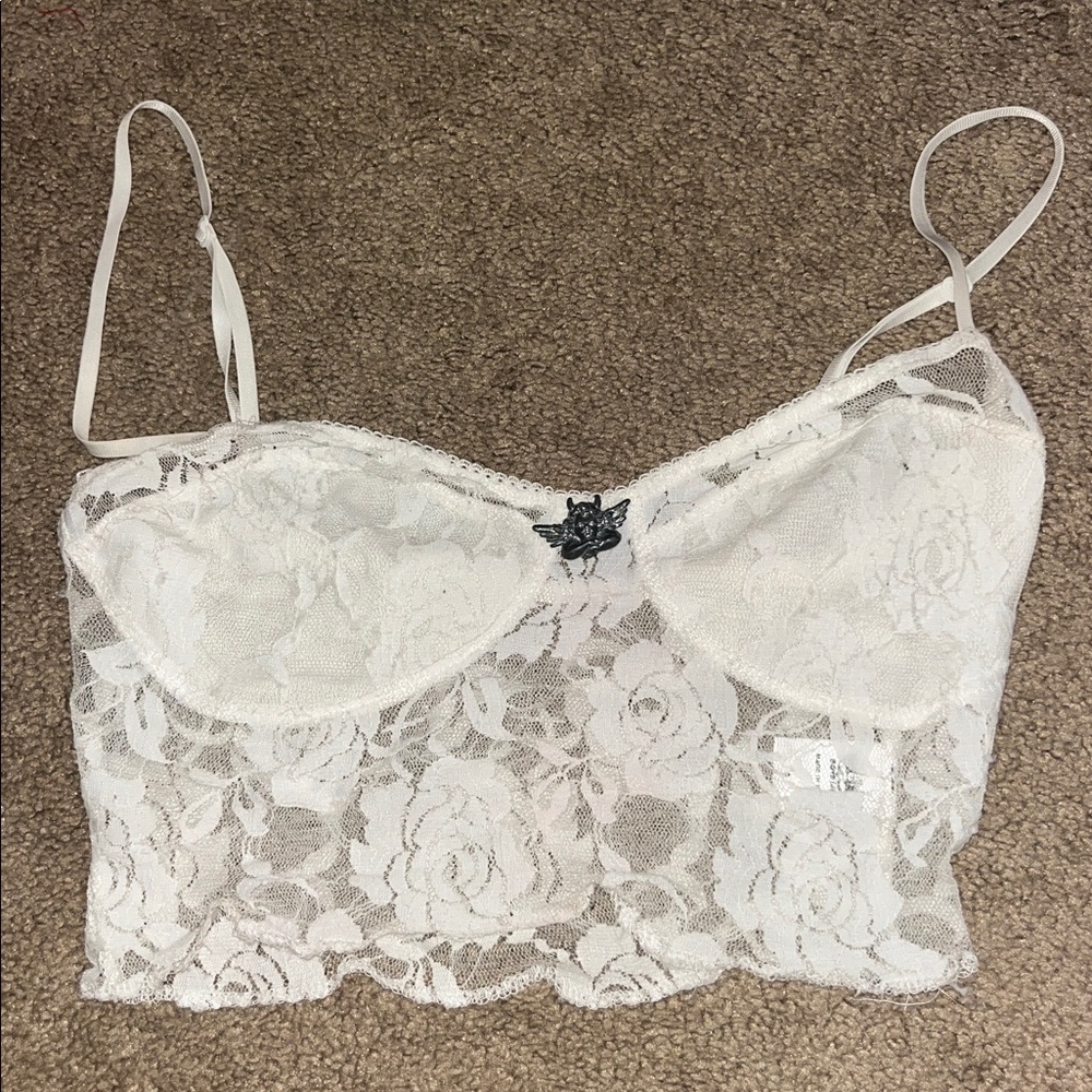Boys Lie White Lace Bralette with Floral Design